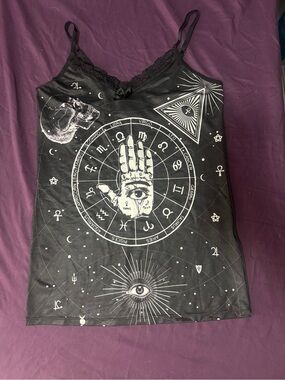 Astrology Print Lace-Trim Cami - Black